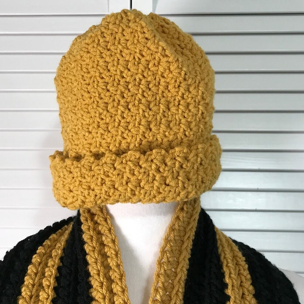 NWT Handmade Crocheted Black Gold Textured Beanie Shawl Scarf 68” - Picture 2 of 4